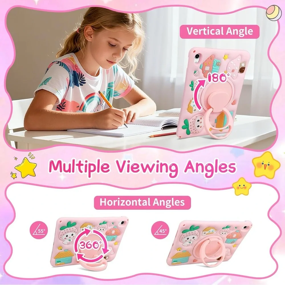 Kids iPad 11th Gen 11 Case iPad 10th 10.9 Pink Strawberry Strap Stand